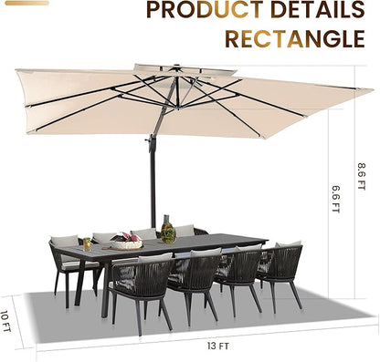 10 X 13 FT Cantilever Patio Umbrella with Base Included Outdoor Heavy Duty Double Top Windproof Rectangle Offset Umbrellas with 360-degree Rotation for Pool Deck Backyard, Beige