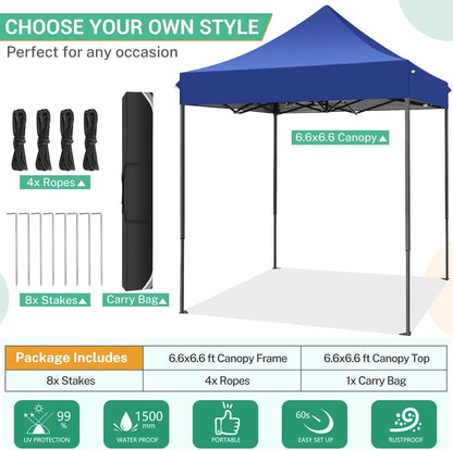 COBIZI 6.6x6.6 Pop up Canopy Tent Heavy Duty Without Sidewalls, Easy Set-up Commercial Outdoor Party Tent, 100% Waterproof Wedding TGazebo, 3 Height Adjustable with Carry Bag, Dark Blue