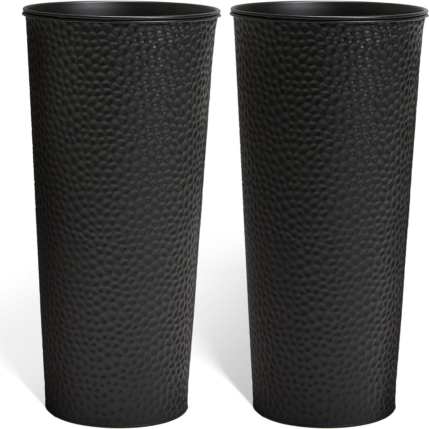 KOL 28" H. Tall Metal Cone Planters with Inside Pots 2-Pack, Black Hand-Hammered Large Decor Planter for Deck, Patio, Porch - Handcrafted Flower Pot - with Water Level Indicator - Indoor Outdoor Use