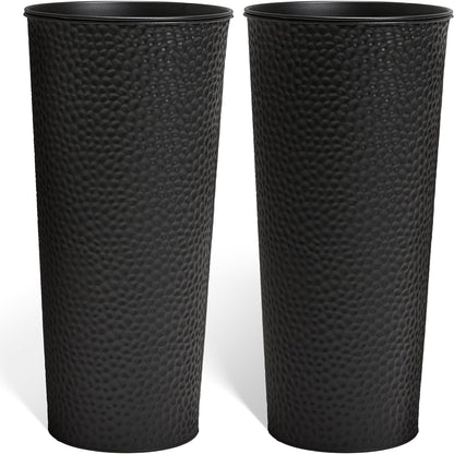 KOL 28" H. Tall Metal Cone Planters with Inside Pots 2-Pack, Black Hand-Hammered Large Decor Planter for Deck, Patio, Porch - Handcrafted Flower Pot - with Water Level Indicator - Indoor Outdoor Use