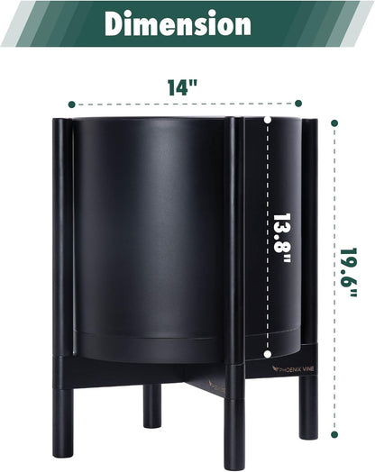 D'vine Dev Planter Pot with Stand - 14 Inch Plastic Cylinder Flower Pot with Wood Planter Holder for Indoor, Matte Black Pot + Ebony Stand, 55-C-T-2