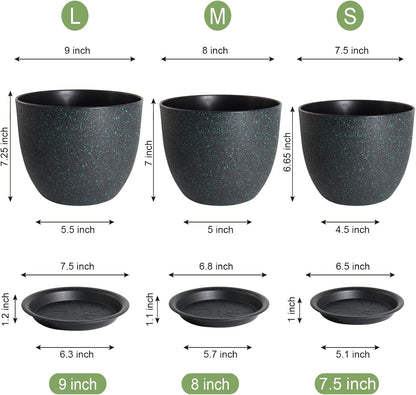 Modern Plant Pots Set, 9/8/7.5 inch Plastic Planters for Indoor Plants, Stylish Flower Pots with Drainage Holes and Saucers for House Plants and Flowers, Black with Green Speckles