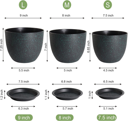 Modern Plant Pots Set, 9/8/7.5 inch Plastic Planters for Indoor Plants, Stylish Flower Pots with Drainage Holes and Saucers for House Plants and Flowers, Black with Green Speckles