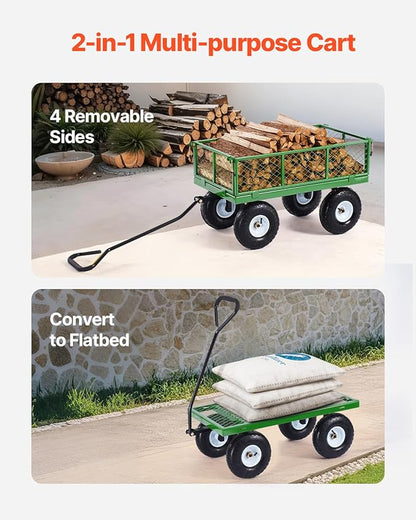 VEVOR 900 Lbs Steel Garden Cart on Wheels, Heavy Duty Pullable Garden Wagon Yard Cart, Outdoor Metal Utility Wagon with 10" Tires and Mesh Removable Sides(Convert to Flatbed), and 180°Rotating Handle
