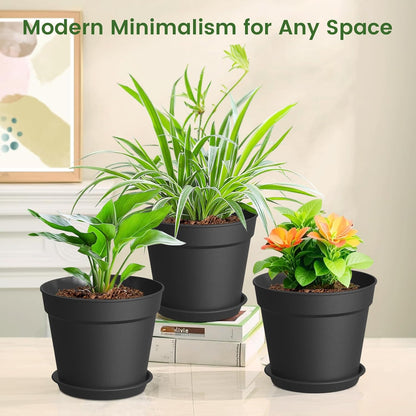 10 Pack 6 Inch Plant Pots with Drainage and Saucers, Black Plastic Flower Pots for Indoor and Outdoor Plants, Stackable Nursery Planters for Houseplants and Herbs, Black