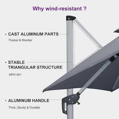PURPLE LEAF 9' X 12' Cantilever Outdoor Patio Umbrella Large Heavy Duty 360° Rotation Double Top Offset Rectangular Umbrellas for Backyard Deck Pool, Cast Slate