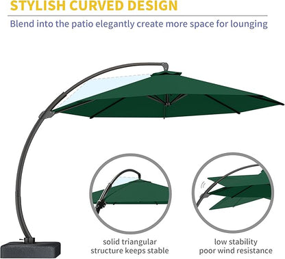 Kingdura 11ft Cantilever Patio Umbrella with Base Included, Large Round Offset Outdoor Pool Umbrella, 360° Rotation & Infinite Tilt, Heavy Duty Aluminum Frame for Deck Backyard, Dark Green
