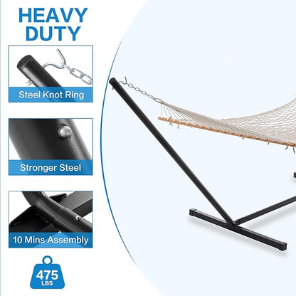 PNAEUT Double Hammock with Stand for Outside, Rope Hammocks with Polyester Pad 2 Person, 12ft Heavy Duty Stand, Extra Pillow, Storage Sidebag, Max 475 lbs Capacity (Gray)