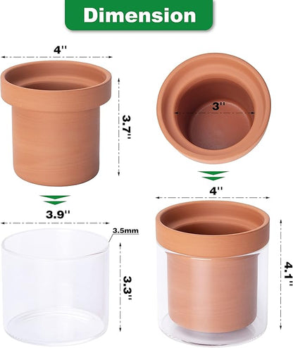 Phoenix Vine 4 Inch Self Watering Planter Pot, Terracotta Clay Pot with Glass Reservoir for Indoor Plants, Herbs, Flowers, Set of 4, 52-A-E-4