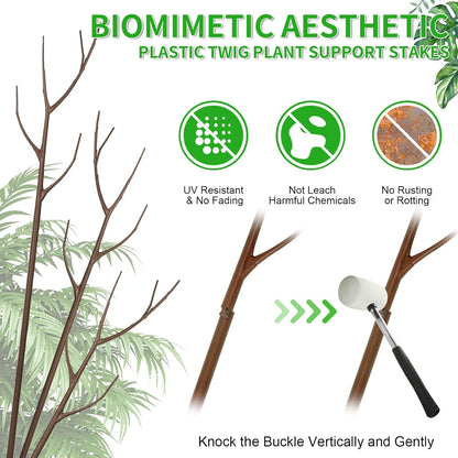 4 Pack 27.56" Detachable Twig Plant Support Stakes Set, Blends in to Plant, Branch Plant Sticks with Orchid Clips Twist Plant Ties, Twig Trellis for Indoor Outdoor Plants Potted Plants Flower