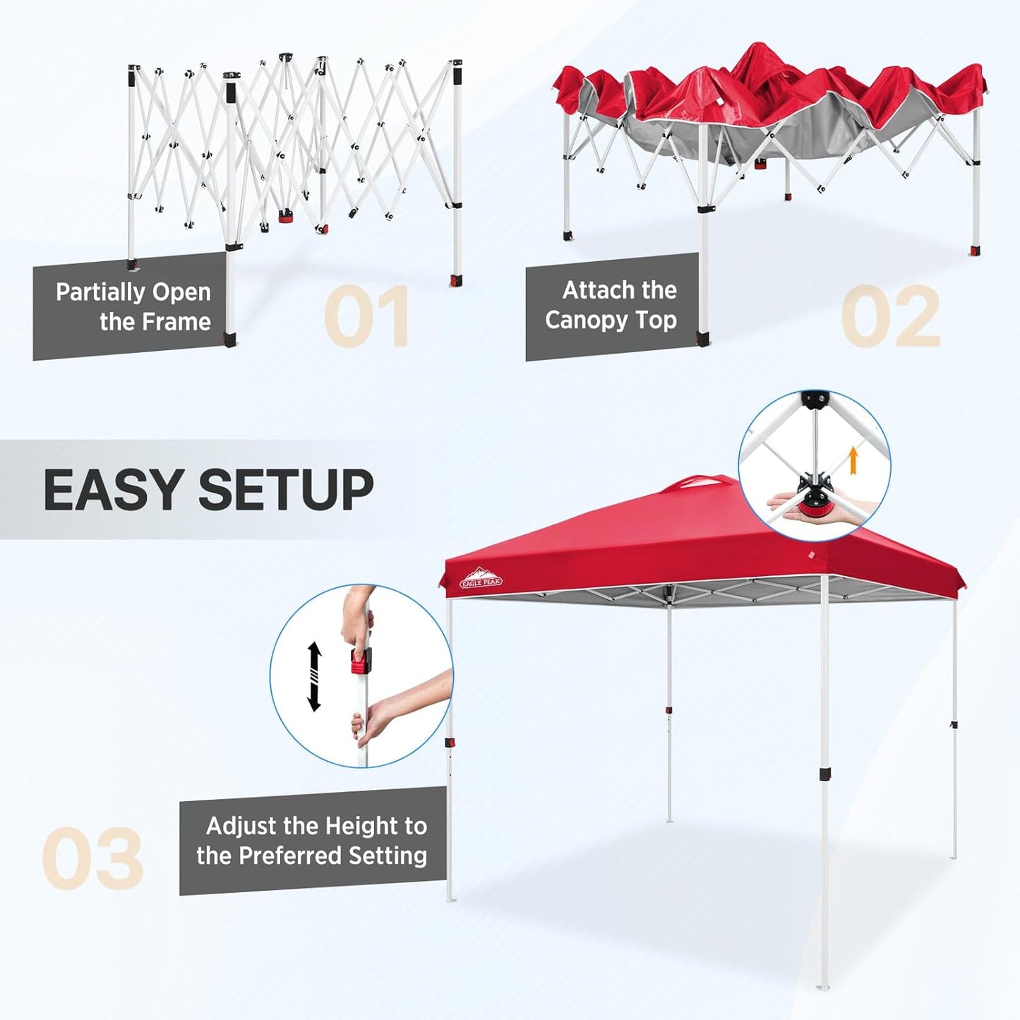 EAGLE PEAK Pop Up Canopy Tent with Wheeled Carry Bag, 8 Stakes, 4 Ropes, Easy Set Up Tent Canopy, 8x8 ft, Red