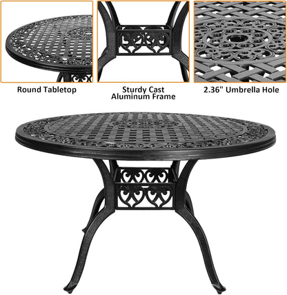 48 Inch Outdoor Dining Table Round Patio Bistro Table Powder-Coated Cast Aluminum Frame Patio Dining Table Garden Table with Umbrella Hole (Black)