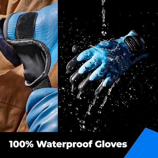 100% Waterproof Gloves for Men and Women, Winter Work Gloves for Cold Weather, Thermal Insulated Freezer Gloves, Touch Screen, With Grip, Blue, Small