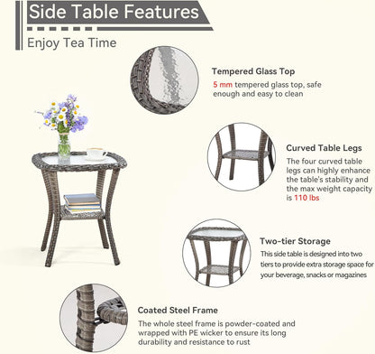 3 Piece Outdoor Rocking Chair Bistro Set, Wicker Patio Furniture Set Includes 2 Chiars and 1 Side Table, for Yard, Porch, Mixed Brown Grey Rattan, Blue