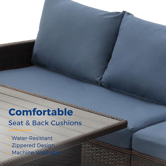 Wisteria Lane Outdoor Patio Furniture Set, 7 Piece Outdoor Dining Sectional Sofa with Dining Table and Chair, All Weather Wicker Conversation Set with Ottoman,Blue