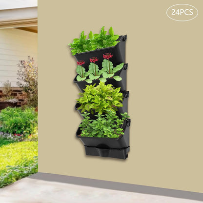 Vertical Wall Planter with 24 Pots, Hanging Garden Plant Flowerpot Holder, Stackable Wall-Mounted Planter, Balcony Planters for Flowers Vegetables Fruits (Black, 24 Pots+6 Drainage Planters&Pipe)