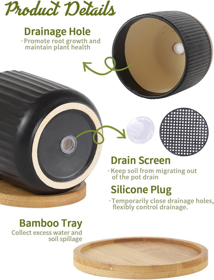 TAMAYKIM 4 Inch Small Cylinder Ceramic Plant Pots with Drainage Holes, Modern Indoor Planters with Tray for Aloe, Succulent, Snake Plants, Cactus & Herbs, Black, Set of 4