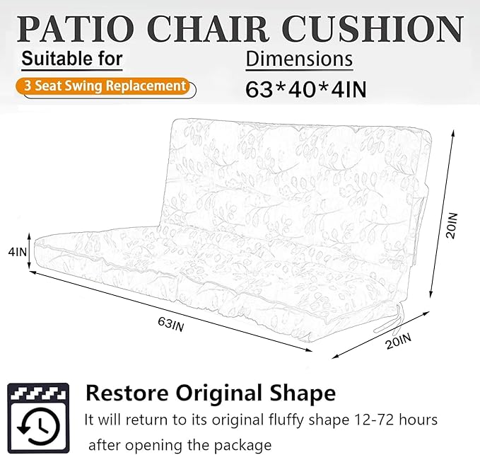 Swing Replacement Cushions with Backrest, 2 or 3 Seater Waterproof Non-Slip Overstuffed Swing Pad, Outdoor Bench Cushion for Porch Chair Swings Garden Furniture (Botanical yellow, 40 * 63 in)