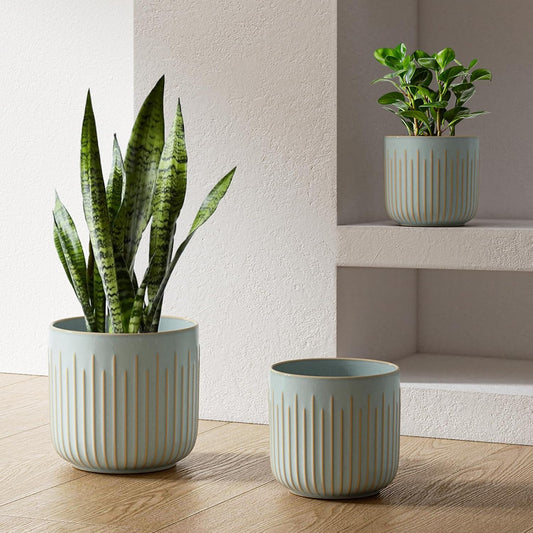 LE TAUCI Fluted Ceramic Planters Set of 3 – 8.3/7 / 5.7 in Blue Gray Reactive Cylinder Indoor Plant Pots with Drainage Plug & Mesh, Glossy Stoneware Flower Pots for Succulents Herbs