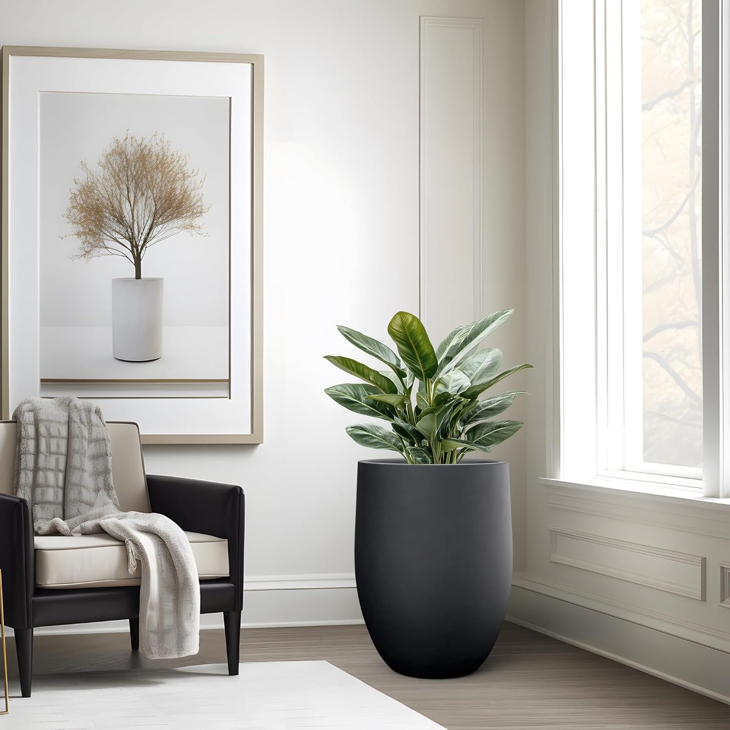 Kante Tall Concrete Planter, 21.7-Inch Height Black Large Indoor Outdoor Plant Pot with Drainage Hole for Patio Garden Home, Modern Decor for Flowers and Tree