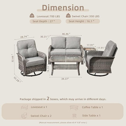 5 Pieces Patio Furniture Set,Outdoor Furniture with Rockers, Rattan Conversation Sets w/Coffee Table, Grey Wicker Light Dark Gray Cushion