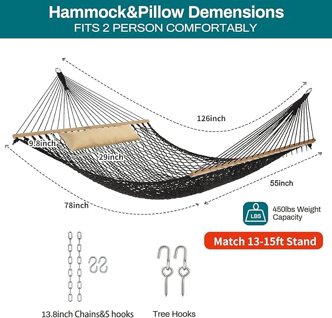 JoyView Traditional Rope Double Hammock - Hand Woven Cotton Hammock with Hardwood Spreader Bar and Pillow 450lb Capacity for Outdoor Indoor Patio Yard - Black