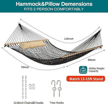 JoyView Traditional Rope Double Hammock - Hand Woven Cotton Hammock with Hardwood Spreader Bar and Pillow 450lb Capacity for Outdoor Indoor Patio Yard - Black