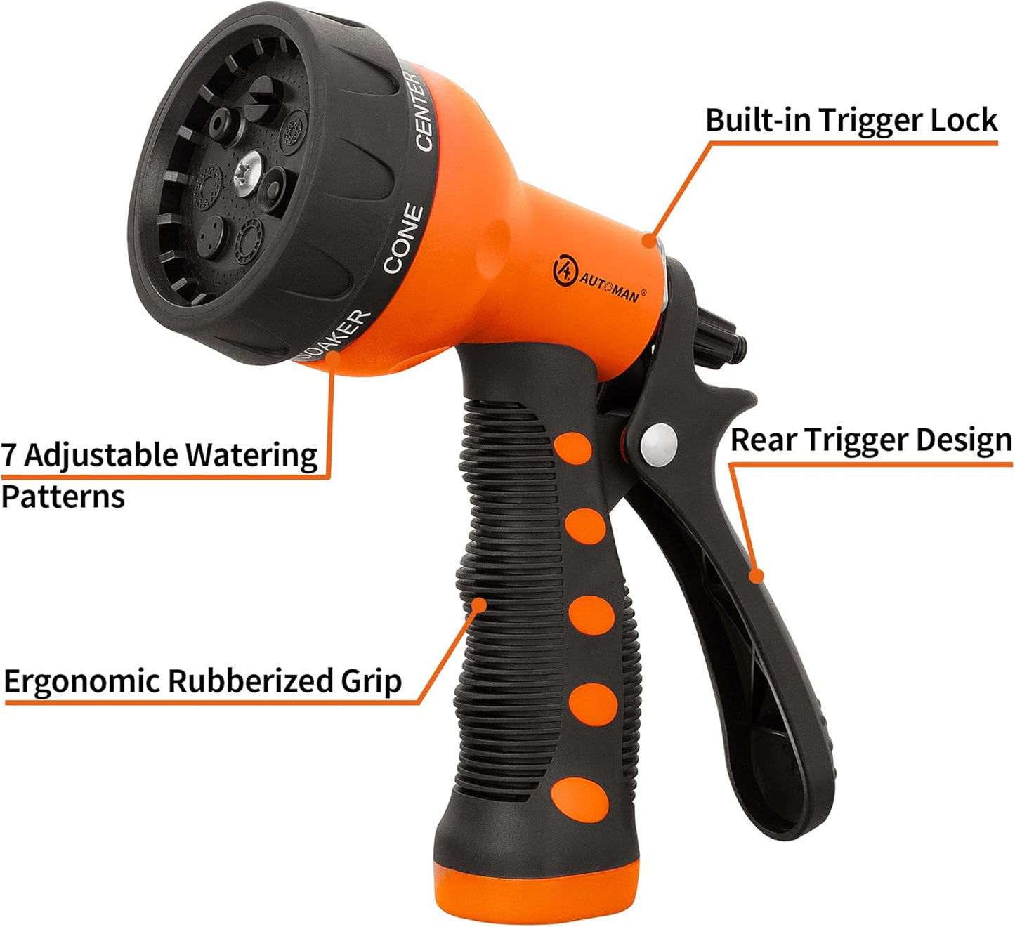 AUTOMAN-Garden-Hose-Nozzle,ABS Water Spray Nozzle with Heavy Duty 7 Adjustable Watering Patterns,Slip Resistant for Watering Plants,Lawn& Garden,Washing Cars,Cleaning,Showering Pets - Orange