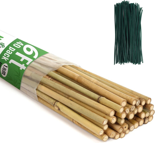 SWANGSA 40 Pack Bamboo Stakes for Plant 6 Feet,Bamboo Sticks Garden Plant Support Stakes Poles with 200pcs Twist Ties for Tomatoes, Beans, Flowers, Trees, Indoor and Outdoor Climbing Plants