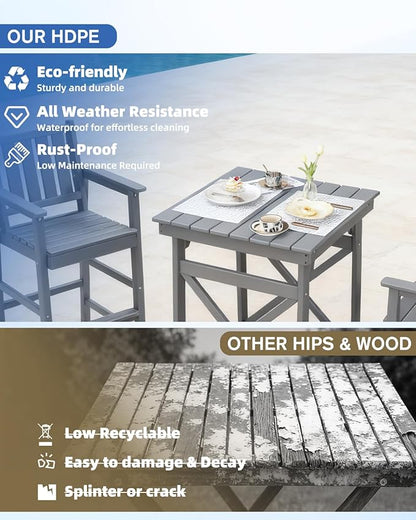 QUASCO 5 PCS Outdoor Adirondack Bar Chairs and Table Set, HDPE Patio Bar Height Chairs Set of 4 and Bar Table, All Weather Outdoor Bar Stools Set for Bistro, Balcony, Poolside, Gray