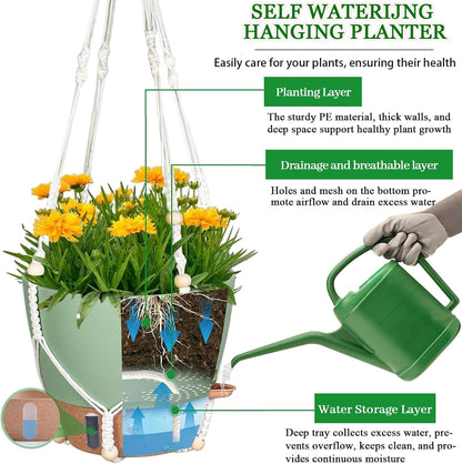 10 Inch Hanging Planters for Indoor Plants, 2 Pack Self Watering Hanging Baskets Flower Pots with Drainage Hole, Visual Reservoir & 2 Kinds of Plant Hanger for Outdoor Garden Home Decor