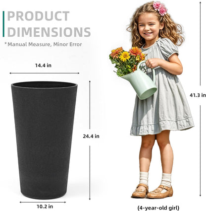 24" Set of 2 Tall Resin Outdoor Planters, Heavy-Duty Resin Flower Pots, Matte Black Leather Grain Finish, Durable & Weather-Resistant, Ideal for Garden, Patio, Yard, Porch, or Indoor Décor