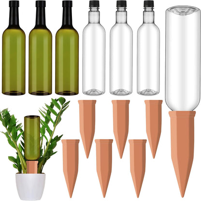 6 Sets Plant Watering Devices Include Terracotta Self Watering Spikes and 26 oz Plastic Bottles, Slow Release Vacation Insert Automatic Plant Waterer Device (Clear Green and Terracotta)