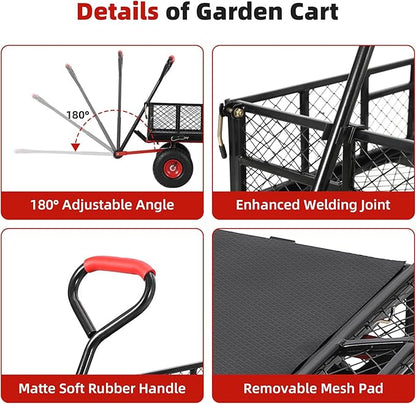 Heavy Duty 880 Lbs Steel Dump Utility Garden Cart, Steel Garden Wagon with Removable Mesh Sides and 10 inch Wheels, Dump Garden Carts with 180° Rotating Handle for Outdoor, Gardening, Farm