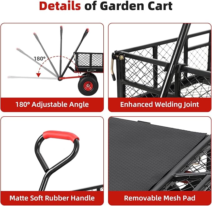 GarveeLife 880 LBS Steel Garden Dump Cart, Heavy Duty Yard Dump Utility Wagon w Removable Mesh Sides, Utility Metal Wagon w 180° Rotating Handle, 10 in Wheels Perfect for Garden, Farm, Yard
