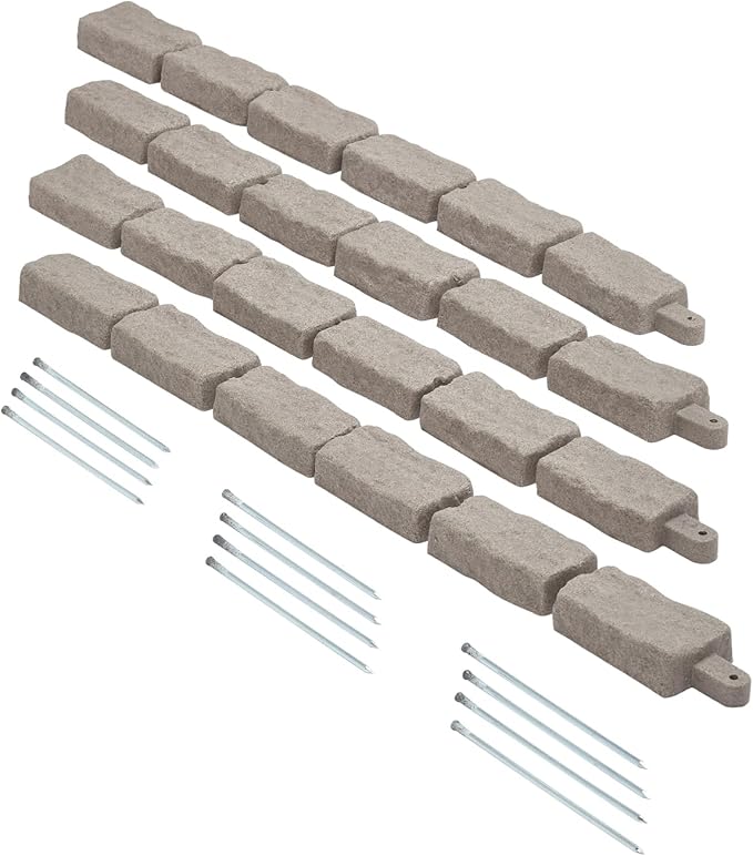 VEVOR Faux Stone Landscape Edging, No Dig Garden Edging Border, Flexible Blocks for Lawn Edging, Flower Beds, Driveway, Yards with 12 Spikes, 4 Pack 24 Bricks 16FT Kit, 46.5" Lx 3.7" W x 2.2" H, Beige