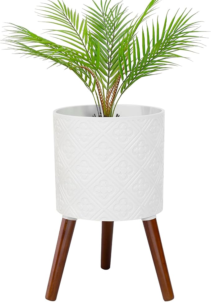 12 Inch Planter Pot with Stand, Planter for Indoor Plants, Modern Large Flower Planter Pot with Drainage Holes for Outdoor,Matte White