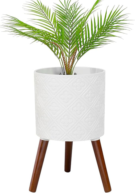 12 Inch Planter Pot with Stand, Planter for Indoor Plants, Modern Large Flower Planter Pot with Drainage Holes for Outdoor,Matte White