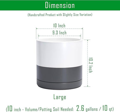 D'vine Dev Set of 2 Plants Pots, 10 Inch Ceramic Planter Pot for Plants with Drainage Hole and Saucer, White/Speckled Grey, 94-V-E-6