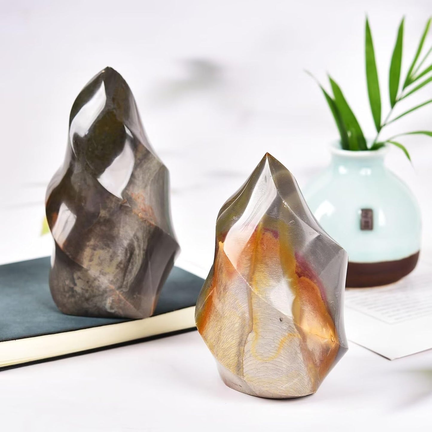 AMOYSTONE Polychrome Jasper Flame Shaped Stone Towers Obelisk Natural Healing Crystal Quartz Reiki Energy Decoration Home Office 1.0 Pound