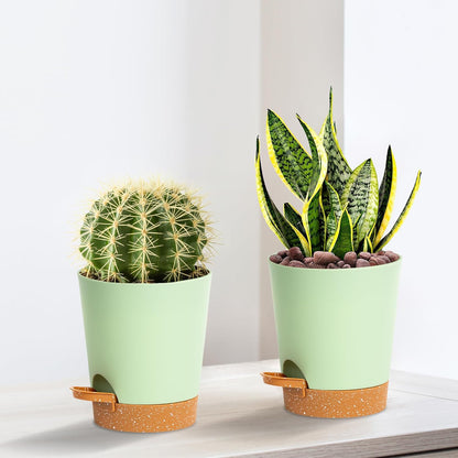 4 inch Small Plant Pots for Outdoor Indoor Plants, 5 Pack Planters with Drainage Holes and Tray, Small Self Watering Pots for Succulent,Cactus, Aloe and Other Plants (Green)