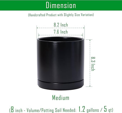 D'vine Dev Set of 2 Plants Pots, 8.2 Inch Ceramic Planter Pot for Plants with Drainage Hole and Saucer, Black, 94-V-D-2