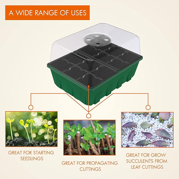 Gardzen 10-Set Garden Propagator Set, Black Seed Tray Kits with 120-Cell, Seed Starter Trays with Dome and Green Base 6.6" x 4.5" (12-Cell Per Tray)