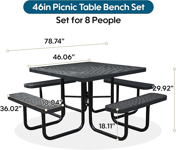 46" Square Picnic Table W/Benches,Heavy Duty Metal Picnic Table Set with 2in Umbrella Hole, 1600 lb Capacity,Commercial Dining Table Furniture for Yard Patio Lawn Party Coffee Shop