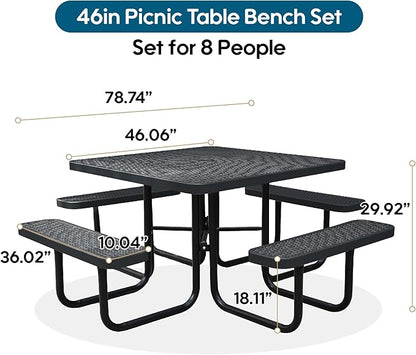 46" Square Picnic Table W/Benches,Heavy Duty Metal Picnic Table Set with 2in Umbrella Hole, 1600 lb Capacity,Commercial Dining Table Furniture for Yard Patio Lawn Party Coffee Shop