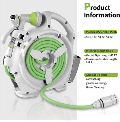 Garden Retractable Hose Reel, Portable Simple Home Hose Reel 45+5 FT with 7 Patterns Spray Nozzle, Wall Mounted and Any Length Lock for Garden Watering, Car Washing, Pet (Green)