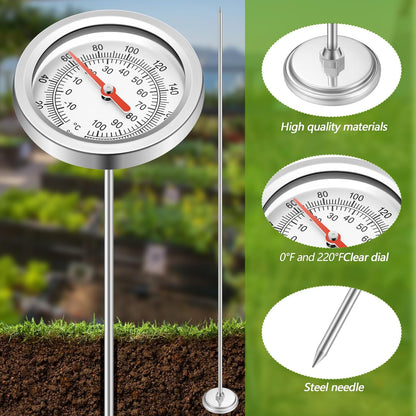 Compost Thermometer 39.4 Inch Stem Composting Soil Thermometer Waterproof Soil Temperature Thermometer, Fahrenheit and Celsius, Stainless Steel, with Composting Temperature Guide