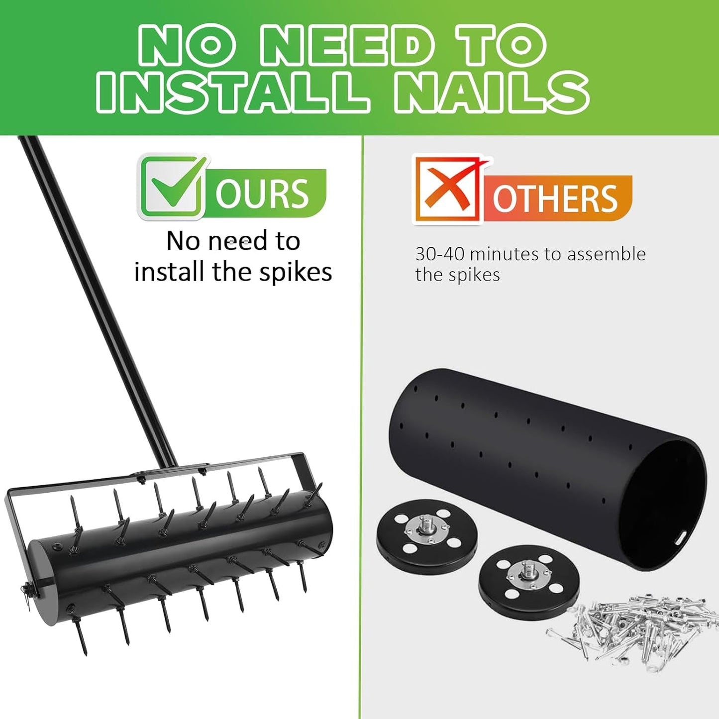 Rolling Lawn Aerator with 42 Spikes, No Assembly Required, Heavy-Duty Manual Lawn Tool for Soil Loosening and Grass Root Growth, Garden Yard Aeration Tool