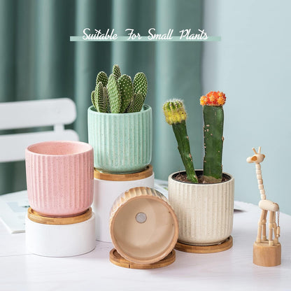 TAMAYKIM 4 Inch Cylinder Ceramic Boho Plant Pots with Drainage Hole and Saucer, Glazed Multicolor Flower Pots for Succulent, Snake Plant, Cactus and Herbs, Set of 4 (Plant Not Included)