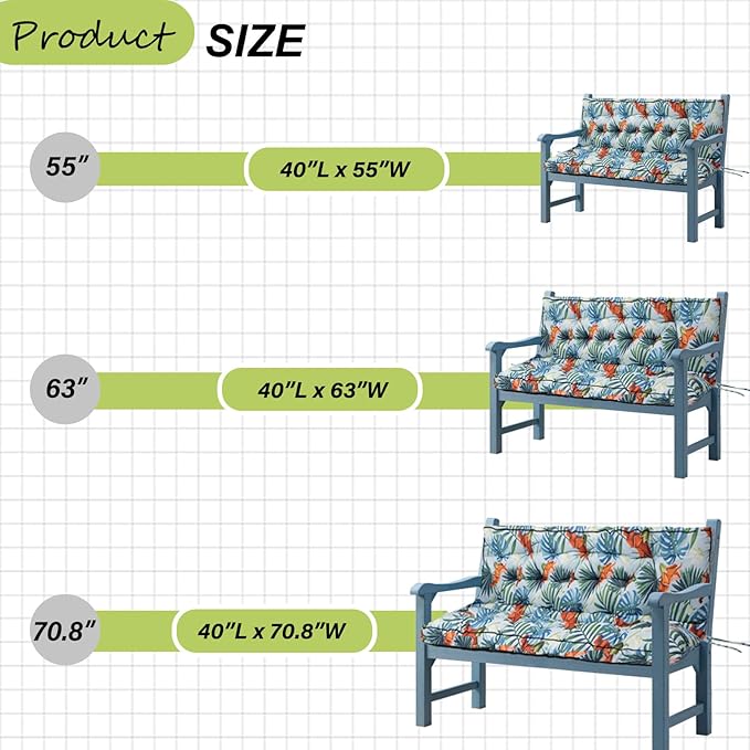 Swing Replacement Cushions with Backrest, 2 or 3 Seater Waterproof Non-Slip Overstuffed Swing Pad, Indoor/Outdoor Bench Cushion for Porch Chair Swings Garden Furniture (Summer, 40 * 55 in)